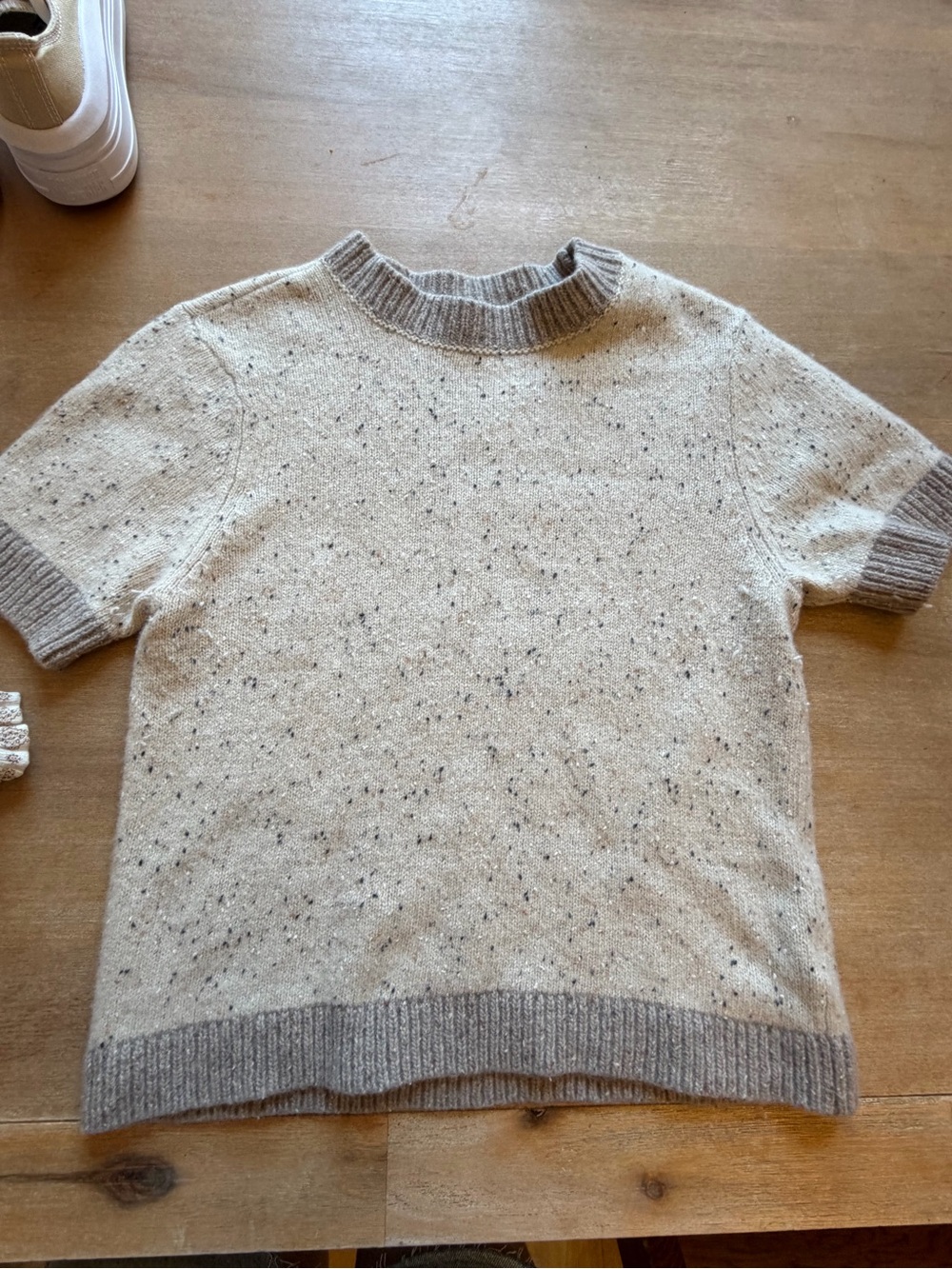 Toad&Co Short-Sleeve Speckled Crewneck Sweater - Cream with Tan Trim